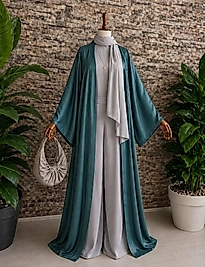 İPEK KUPRA KUMAŞTAN OKYANUS YEŞİLİ ABAYA