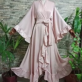 İpek Krep Kumaştan Pudra Renk Tasarım Uzun Kimono.