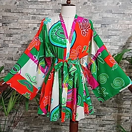 Pamuk Viskon Kumaştan Desenli Kısa Kimono.